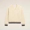 Ami de Coeur Sweater din lână cu nervuri, decolteu în V, alb