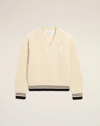 Ami de Coeur Sweater din lână cu nervuri, decolteu în V, alb