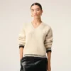 Ami de Coeur Sweater din lână cu nervuri, decolteu în V, alb