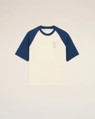 Ami de Coeur T-Shirt din bumbac alb și albastru cu patch-uri tricotate