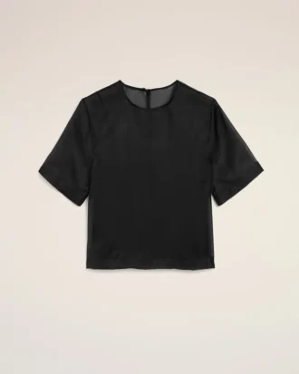 Bluză din mătase neagră, cu mâneci scurte, transparentă, cu top interior Bluză din mătase neagră, cu mâneci scurte, transparentă, cu top interior