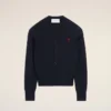 Cardigan albastru din lână cu guler rotund și Ami de Coeur în contrast Cardigan albastru din lână cu guler rotund și Ami de Coeur în contrast