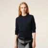 Cardigan albastru din lână cu guler rotund și Ami de Coeur în contrast Cardigan albastru din lână cu guler rotund și Ami de Coeur în contrast