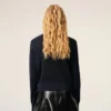 Cardigan albastru din lână cu guler rotund și Ami de Coeur în contrast Cardigan albastru din lână cu guler rotund și Ami de Coeur în contrast