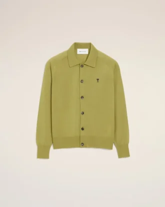 Cardigan Ami de Coeur din lână verde, cu guler de cămașă