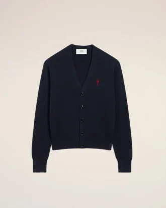 Cardigan din lână albastră cu Ami de Coeur în contrast Cardigan din lână albastră cu Ami de Coeur în contrast