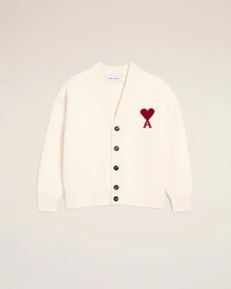 Cardigan din lână naturală cu Ami de Coeur în contrast