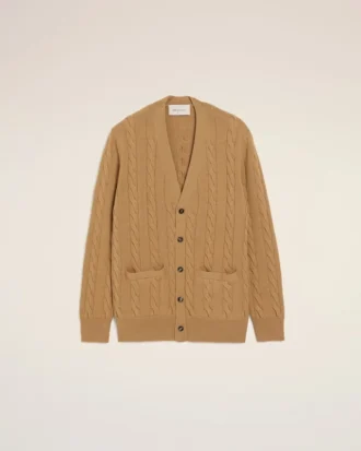 Cardigan maro din lână și bumbac cu model împletit