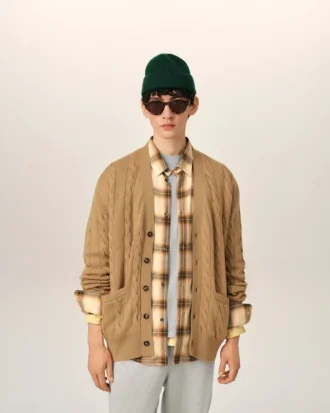 Cardigan maro din lână și bumbac cu model împletit