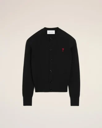 Cardigan negru din lână cu guler rotund și Ami de Coeur în contrast