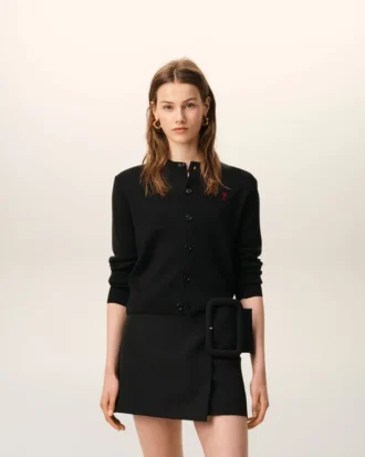 Cardigan negru din lână cu guler rotund și Ami de Coeur în contrast