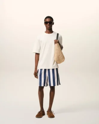 Costum de baie cu dungi lungi albe și bleumarin