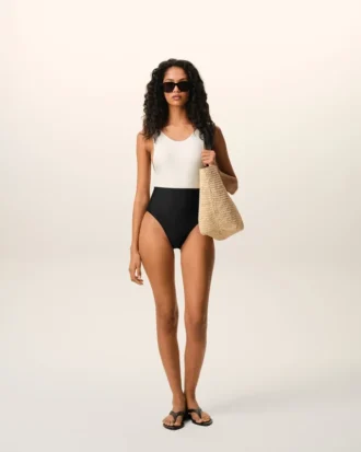 Costum de baie dintr-o bucată din nailon alb-negru