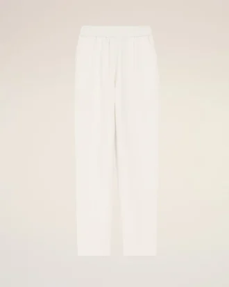 Pantaloni albi din amestec de in, cu talie elastică