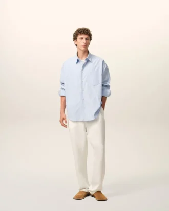 Pantaloni albi din amestec de in, cu talie elastică