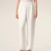 Pantaloni albi din amestec de in, cu talie elastică