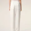 Pantaloni albi din amestec de in, cu talie elastică