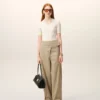 Pantaloni bej din bumbac cu centură înfășurată