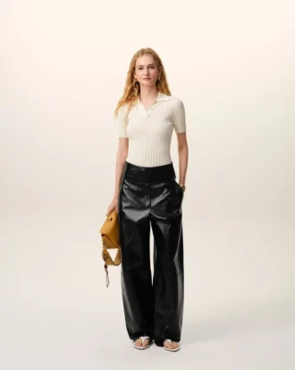 Pantaloni cu centură din piele de miel neagră