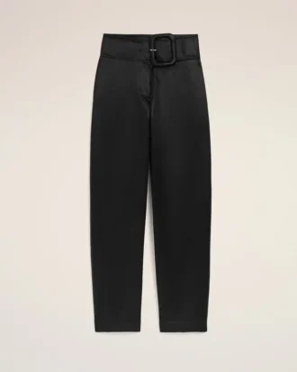 Pantaloni cu curea din satin negru cu cataramă