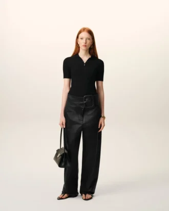 Pantaloni cu curea din satin negru cu cataramă