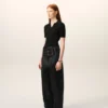 Pantaloni cu curea din satin negru cu cataramă