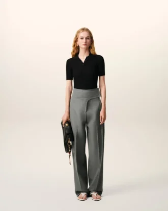 Pantaloni gri din lână nouă, cu centură înfășurată