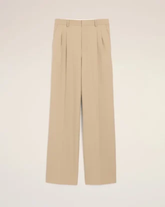 Pantaloni largi din lână nouă, de culoare bej, cu talie joasă
