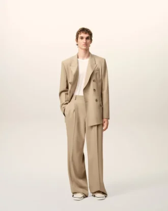 Pantaloni largi din lână nouă, de culoare bej, cu talie joasă