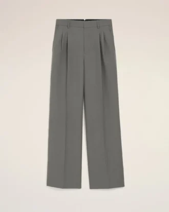 Pantaloni largi din lână nouă, de culoare gri, cu talie joasă