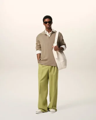 Pantaloni largi din lână nouă, de culoare verde, cu talie joasă