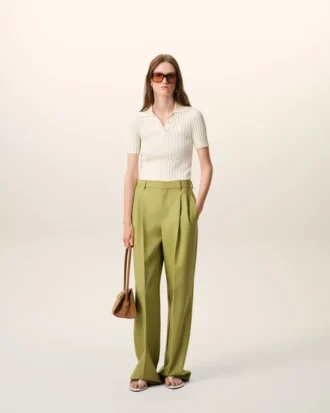 Pantaloni largi din lână nouă, de culoare verde, cu talie joasă