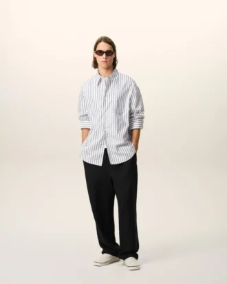 Pantaloni negri din amestec de in, cu talie elastică