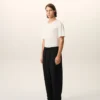 Pantaloni negri din amestec de in, cu talie elastică