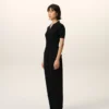 Pantaloni negri din amestec de in, cu talie elastică