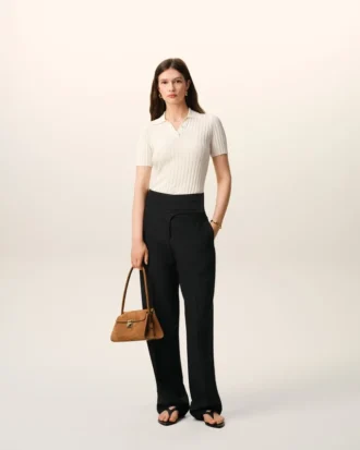 Pantaloni negri din lână nouă, cu centură înfășurată