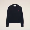Pulover albastru din lână cu guler rotund și broderie Ami de Coeur în contrast