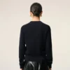 Pulover albastru din lână cu guler rotund și broderie Ami de Coeur în contrast