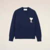 Pulover albastru din lână și bumbac cu guler rotund Ami de Coeur Sweater Pulover albastru din lână și bumbac cu guler rotund Ami de Coeur Sweater