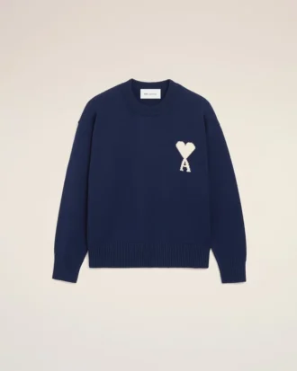 Pulover albastru din lână și bumbac cu guler rotund Ami de Coeur Sweater