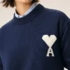 Pulover albastru din lână și bumbac cu guler rotund Ami de Coeur Sweater Pulover albastru din lână și bumbac cu guler rotund Ami de Coeur Sweater
