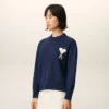 Pulover albastru din lână și bumbac cu guler rotund Ami de Coeur Sweater Pulover albastru din lână și bumbac cu guler rotund Ami de Coeur Sweater