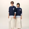 Pulover albastru din lână și bumbac cu guler rotund Ami de Coeur Sweater Pulover albastru din lână și bumbac cu guler rotund Ami de Coeur Sweater