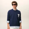 Pulover albastru din lână și bumbac cu guler rotund Ami de Coeur Sweater Pulover albastru din lână și bumbac cu guler rotund Ami de Coeur Sweater