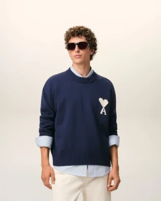 Pulover albastru din lână și bumbac cu guler rotund Ami de Coeur Sweater