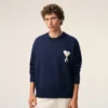Pulover albastru din lână și bumbac cu guler rotund Ami de Coeur Sweater Pulover albastru din lână și bumbac cu guler rotund Ami de Coeur Sweater