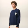 Pulover albastru din lână și bumbac cu guler rotund Ami de Coeur Sweater Pulover albastru din lână și bumbac cu guler rotund Ami de Coeur Sweater