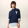 Pulover albastru din lână și bumbac cu guler rotund Ami de Coeur Sweater Pulover albastru din lână și bumbac cu guler rotund Ami de Coeur Sweater