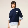 Pulover albastru din lână și bumbac cu guler rotund Ami de Coeur Sweater Pulover albastru din lână și bumbac cu guler rotund Ami de Coeur Sweater