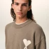 Pulover Ami de Coeur cu guler rotund, din lână și bumbac, de culoare bej Pulover Ami de Coeur cu guler rotund, din lână și bumbac, de culoare bej